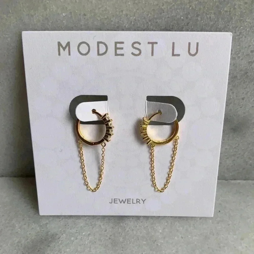 18K Gold Crystal Huggie Hoop Chain Earrings - Picture 1 of 3